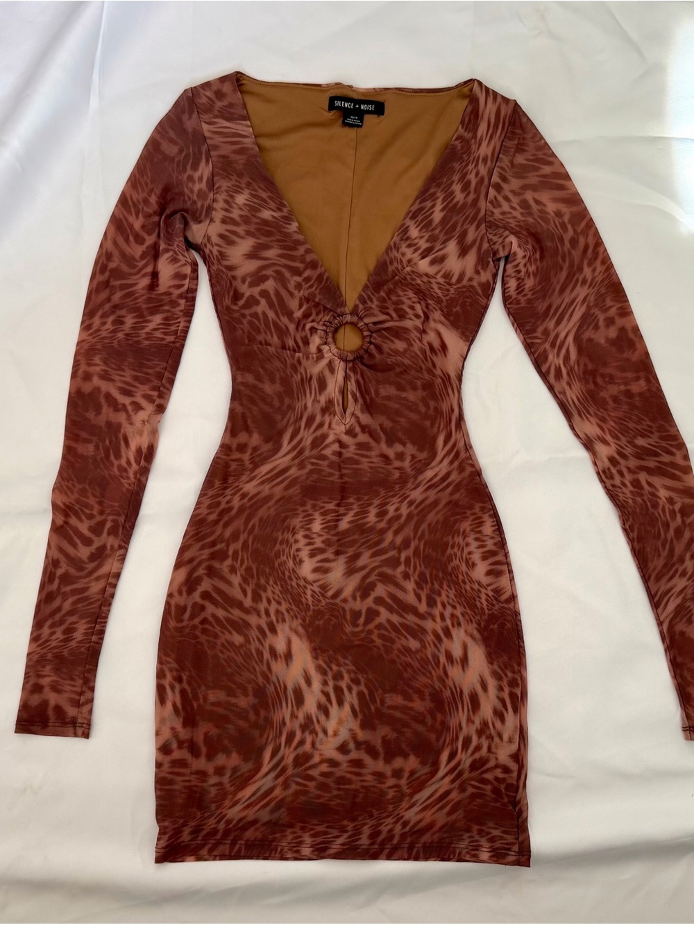 silence + noise Brown Printed Long-Sleeve Ring-Front Bodycon Dress